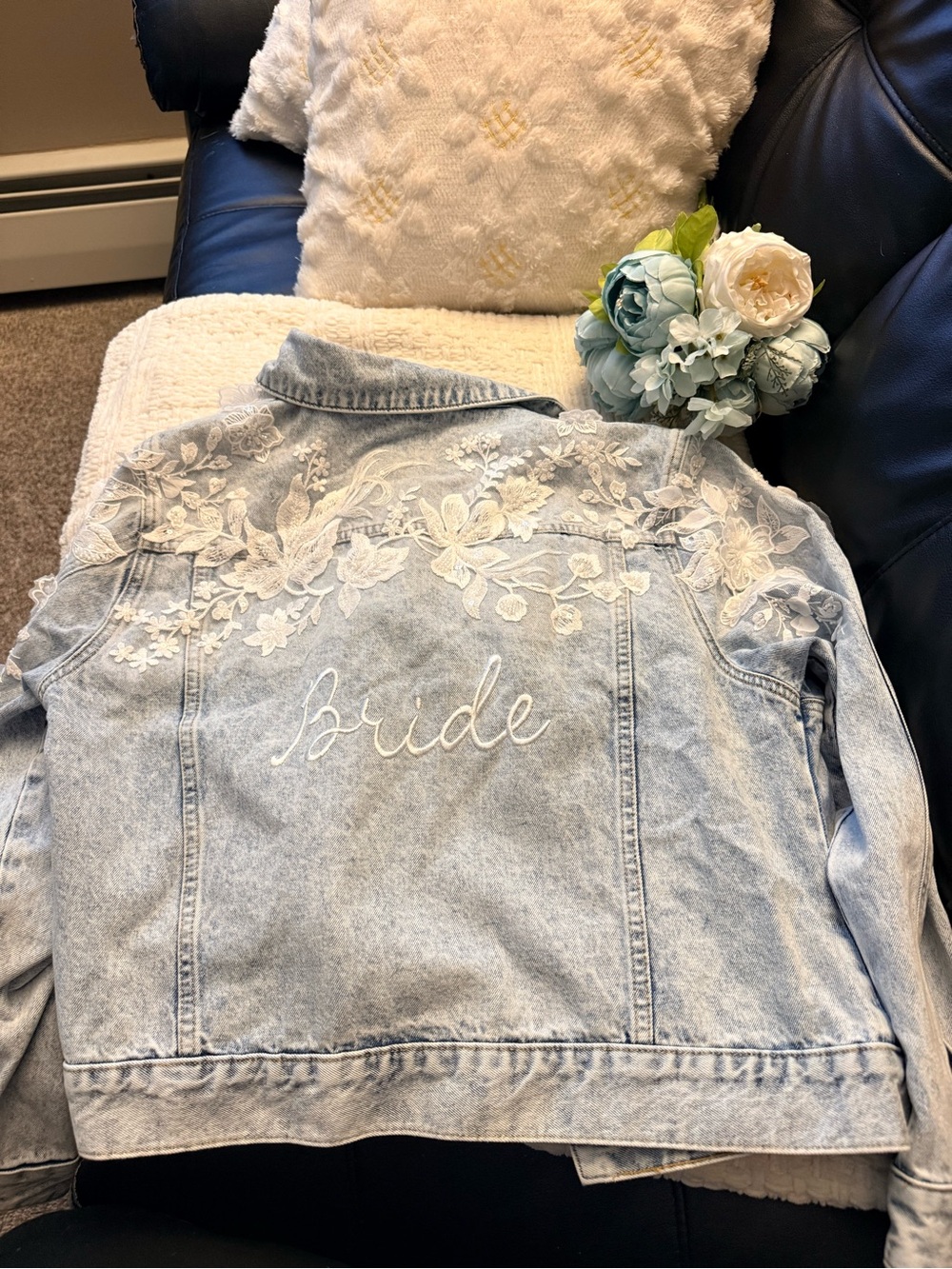 David's Bridal Light Wash Denim Bride Jacket with White Floral Embroidery